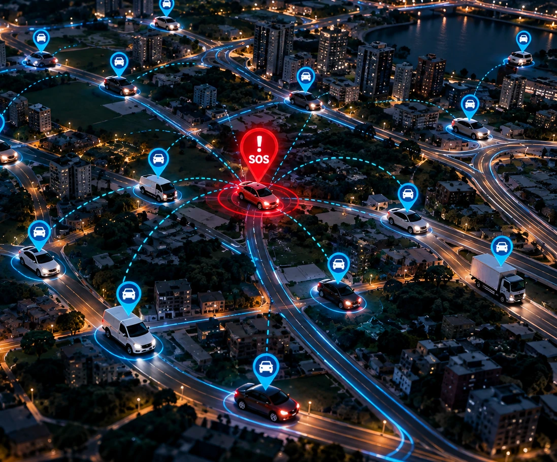 Veículos conectados em rede colaborativa com alerta SOS